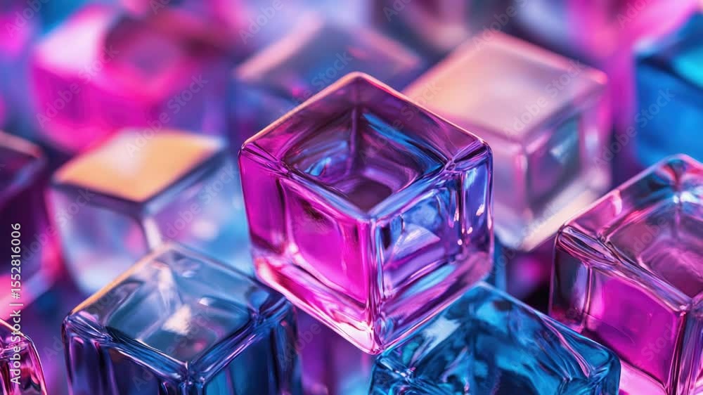 Poster close-up view of a collection of transparent glass cubes