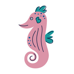 Flat cartoon vector illustration of cute seahorse in bright kids style. Colorful marine character with curled tail and fins for ocean childrens designs, underwater education, aquarium decor, sea life