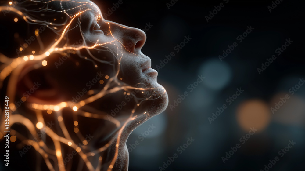 Poster illuminating the mind: a side profile of a human face is bathed in an ethereal glow, with intricate 