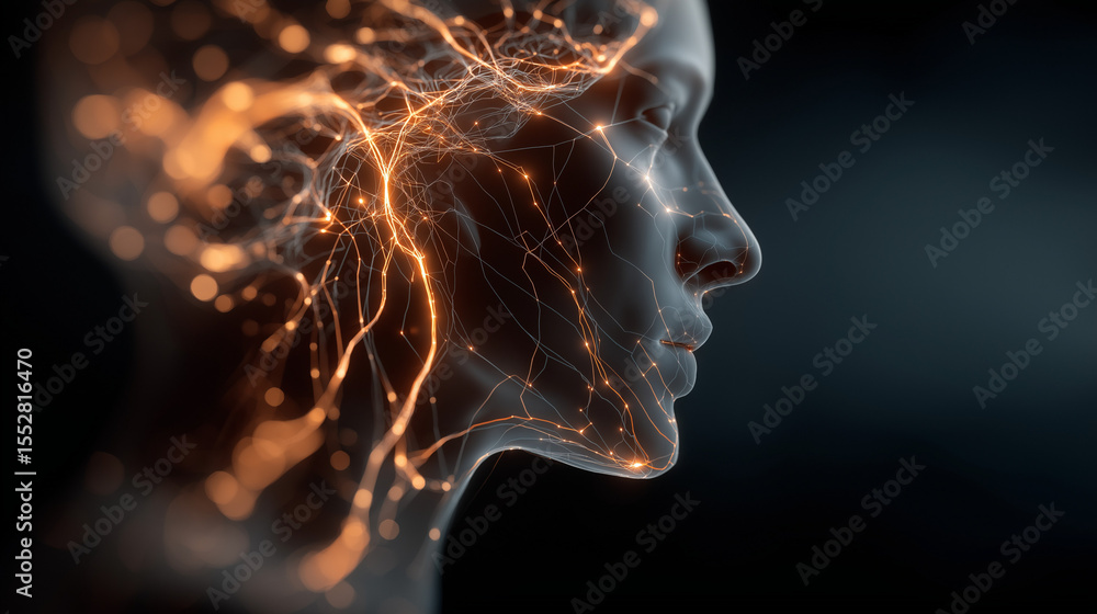 Poster mind's network: a portrait of a serene human face overlaid with a vibrant network of neural pathways