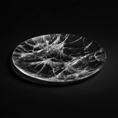 A shattered, dark-colored circular plate with a complex web of cracks across its surface, rests on a black background