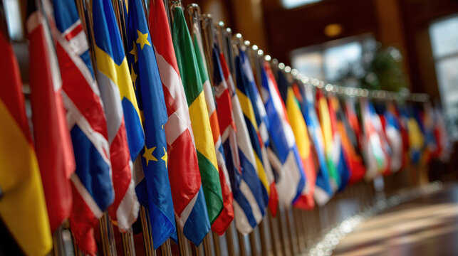 Collection of international flags displayed in a row representing global unity world politics cultural events and international relations