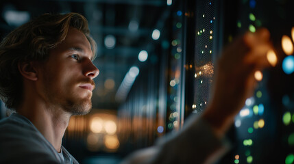 Data Center Architect: A determined architect in a data center, immersed in the world of information technology, ensuring seamless operations and innovative design.