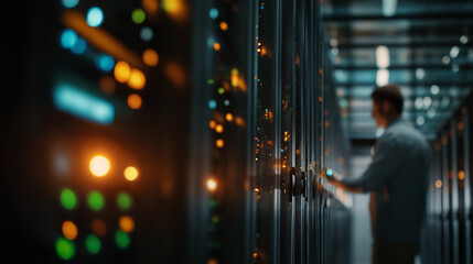 Data Center Monitoring: A technician diligently monitors a vast server room, the lights illuminate the intricate network of servers.
