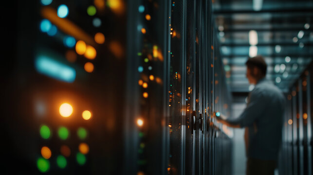 Data Center Monitoring: A technician diligently monitors a vast server room, the lights illuminate the intricate network of servers.