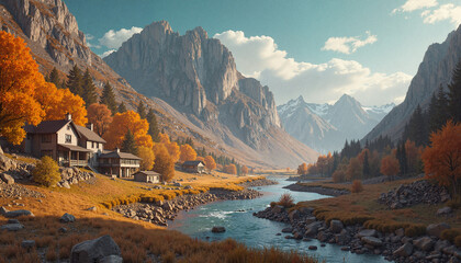 Serene autumn landscape with river and mountain view at sunset  