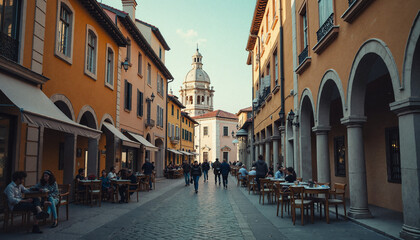 Obraz premium Charming pedestrian street with cafes and historic buildings in town 