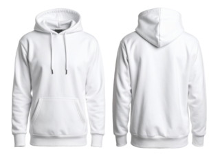 Blank white hoodie front and back for showcasing designs, mockups, and branding concepts in a versatile and customizable manner.