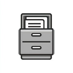 Fototapeta premium A simple cartoon illustration of a grey file cabinet with two drawers, the top drawer open revealing several documents
