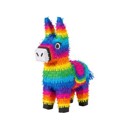 Obraz premium A brightly colored donkey piñata adorned with vibrant rainbow paper fringe. Perfect for birthdays, fiestas, and festive party games.
