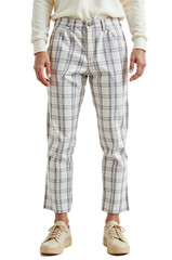 White plaid pants with grey checks in casual studio style