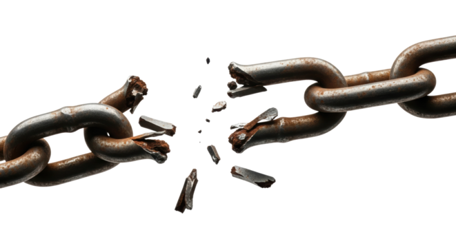 A close up of a heavy, rusted metal chain link that has been forcefully broken, with pieces scattering, conveying concepts of freedom, release, and the end of limitations.