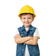 A smiling young boy wearing a yellow hard hat and denim vest stands with his arms crossed, looking confident. He represents childhood ambition and future careers.