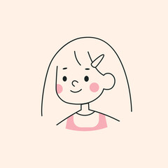 Vector Logo of Cute Girl Mascot Cartoon Illustration. Kid Logo in Line Style