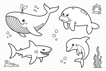 Fototapeta premium monochrome sea life silhouette collection featuring whale, shark, dolphin and marine creature vector