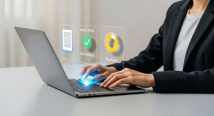 Fototapeta premium Minimalist Invoice Processing Holographic UI on Laptop