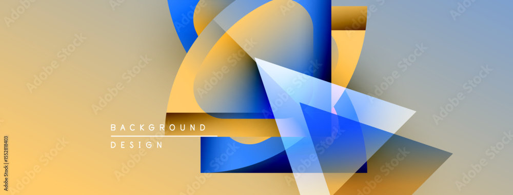 Poster abstract geometric design. blue, gold, white shapes overlap. gradient background transitions from be