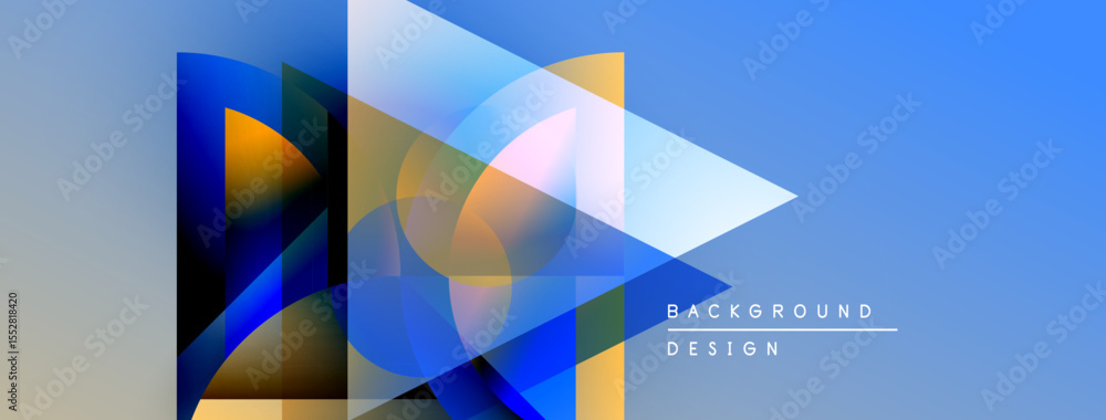 Poster Abstract geometric shapes overlap, creating dynamic blue, orange composition. Modern design elements suggest innovation, technology.