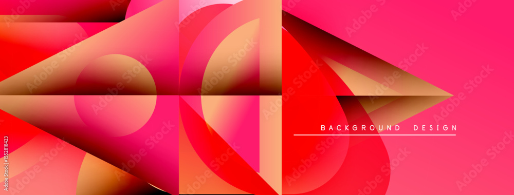 Poster abstract geometric shapes, vibrant pinks, reds, gold hues. modern design with flowing lines, gradien