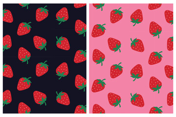 Set of Strawberry Seamless Vector Pattern on Pink and Dark Background. Trendy Strawberry Background.
