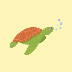 Smiling Sea Turtle on isolated background.Children's illustration.Underwater life.Vector illustration cartoon flat style