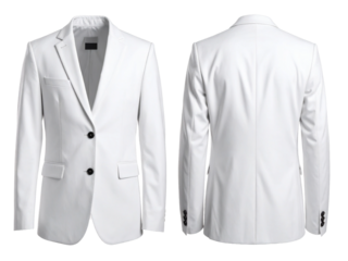 White mens suit jacket, showcases front and back view. Perfect for fashion design, editorial layouts, menswear websites, and formal event promotions.
