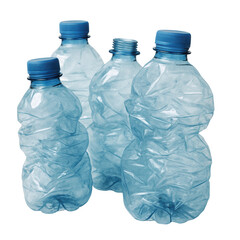 Used and crushed blue plastic water bottles, highlighting environmental waste and the importance of recycling.