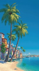 Naklejka premium Vibrant coastal scene featuring two tall palm trees flanking colorful Mediterranean-style buildings along a sandy beach and calm turquoise water under a clear blue sky