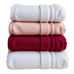 Stack of rolled fleece towels in white peach and maroon colors