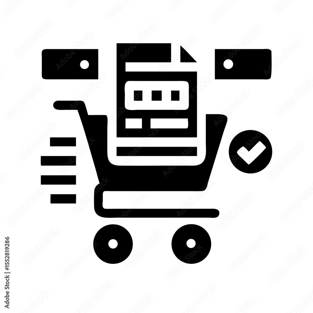 Poster a shopping cart with a check mark and order list isolated on white background