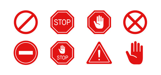 Red STOP icon set. Containing warning, prohibition, stop, hand, danger, no entry, alert, road, barrier sign. Flat vector illustration.