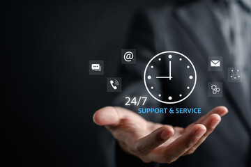 24-7 support and service concept with digital communication call, chat, email, and AI chatbot. Ideal for CRM, helpdesk, technical assistance, and remote service business.