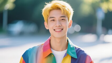 A trendy young Asian man flashing a charming smile	