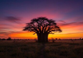 Fototapeta premium Baobab tree silhouette at sunset