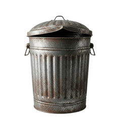 An old, weathered galvanized metal trash can with a rusty texture and a slightly ajar lid. This vintage garbage bin can be used for themes of waste, recycling, or vintage aesthetics.