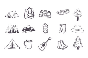  Hand Drawn Camping and Outdoor Adventure Icons. Doodle Style Set with Tent, Backpack, Camera, Campfire, Mountains, and Nature Elements Clipart Vector Illustration on White Background