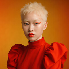 Albino model posing wearing red dress and orange eyeliner makeup