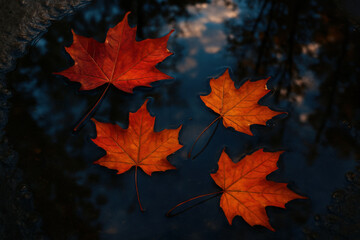 Vibrant orange maple leaves floating on dark water surface in autumn