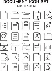 Document icon set. Files related line icons: papers, folder, certificate, accept, approved, clipboard, invoice, archive, report, search, list and more. Editable stroke. Vector illustration