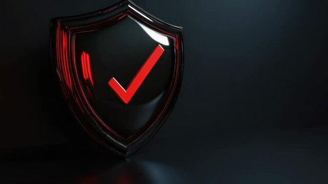 A black shield features a prominent red checkmark