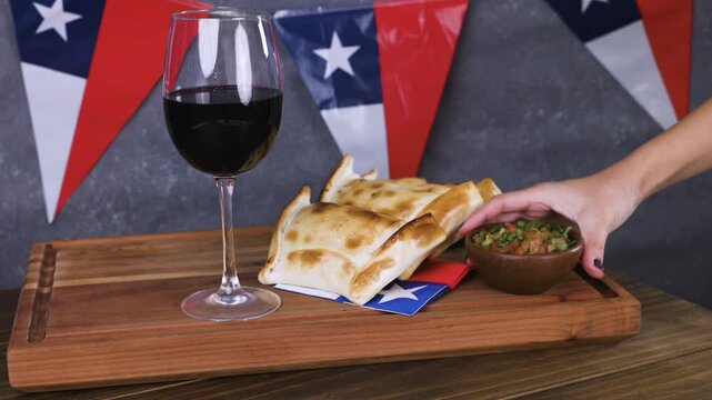 Chile Fiestas Patrias Chilean Flag Anniversary national day wine glass empanadas pebre