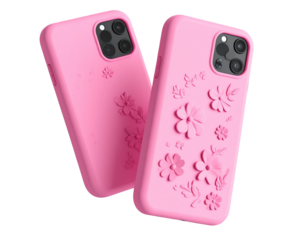  Single Pink Phone Case with 3D Floral Embellishments and Leaves – Floating View