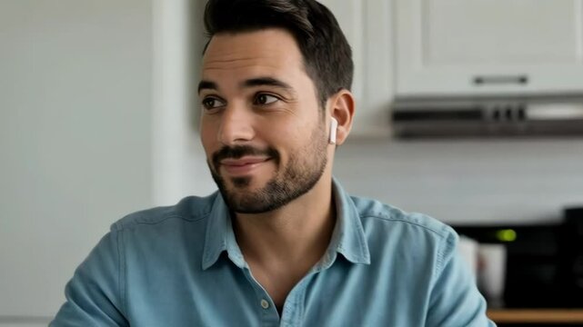 A smiling man sits at his kitchen table working on a laptop and writing on a notepad