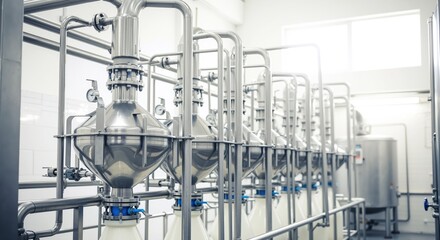 Industrial dairy processing equipment stainless steel tanks pipes modern facility. Manufacturing production line milk processing plant. Food technology concept