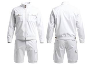 White jacket and cargo shorts set for casual summer fashion trends, suitable for clothing advertisements and lifestyle blog posts.