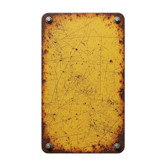 A rectangular yellow metal plate featuring heavy rust along its edges and numerous surface scratches, providing a worn and grungy texture ideal for backgrounds or design elements.