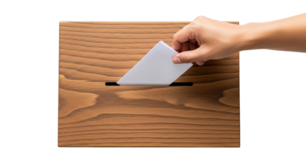 A person hand casts a white ballot into a wooden election box, representing voting, polls, and democratic processes.