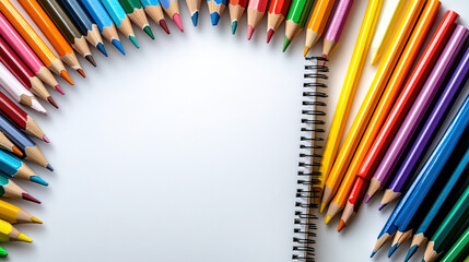  A Vibrant Arch of Art Supplies for Creativity. Inspiring Drawing, Coloring, and Artistic Expression on a Clean White Background.