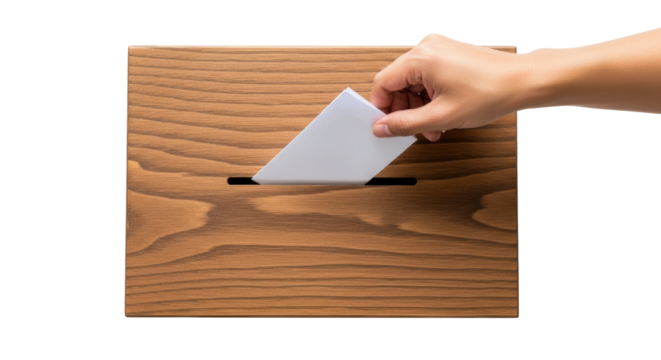 A person hand casts a white ballot into a wooden election box, representing voting, polls, and democratic processes.