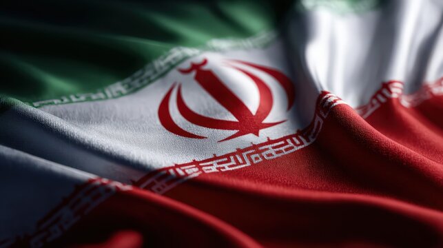 Close up shot of the national flag of iran with its green, white, and red stripes.